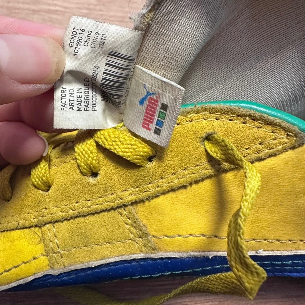 Vintage Yellow Puma Shoes With Blue And Green Stripes. RARE